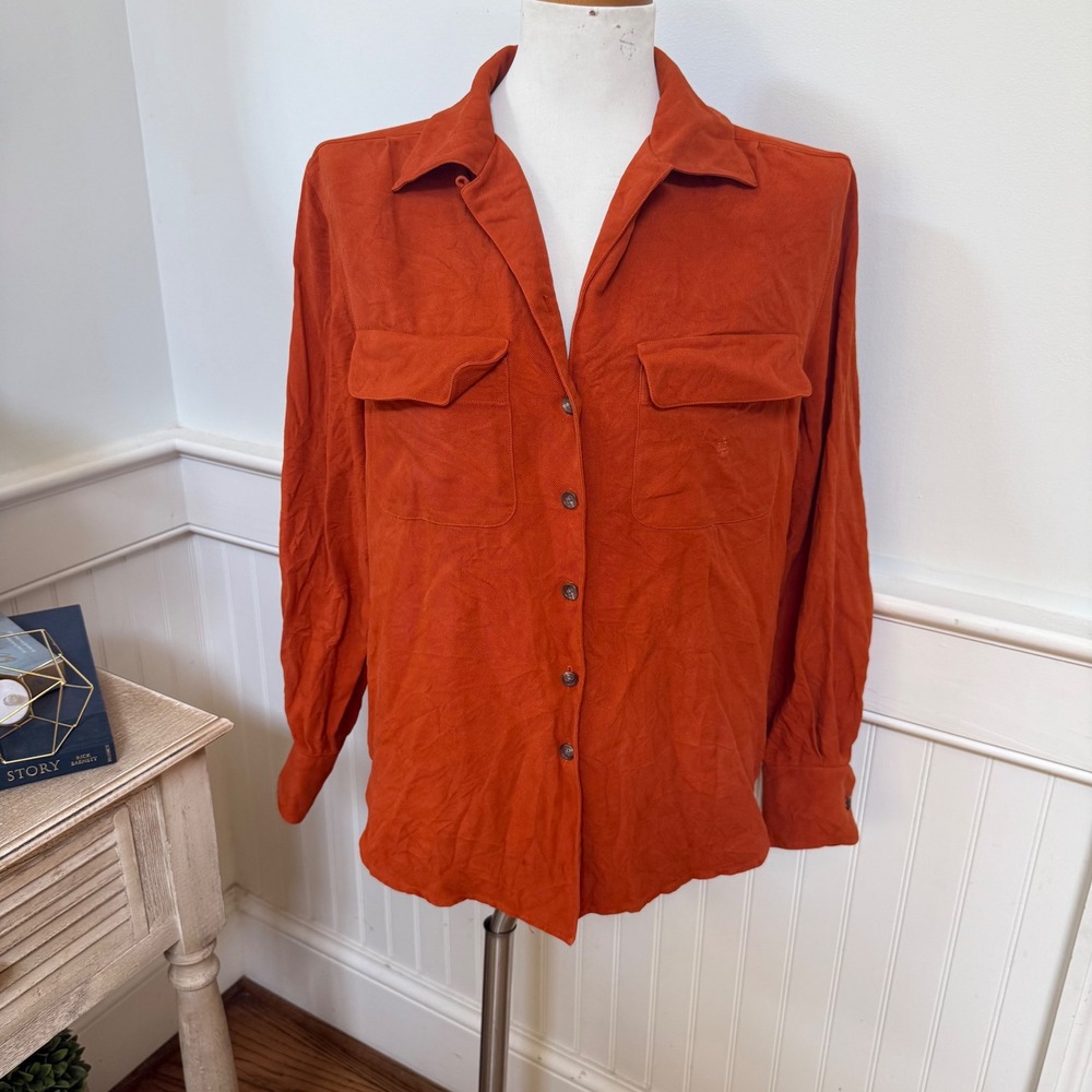 Lauren Ralph Lauren 100% Silk Twill Button Down Shirt Orange Size 8 Logo Pocket